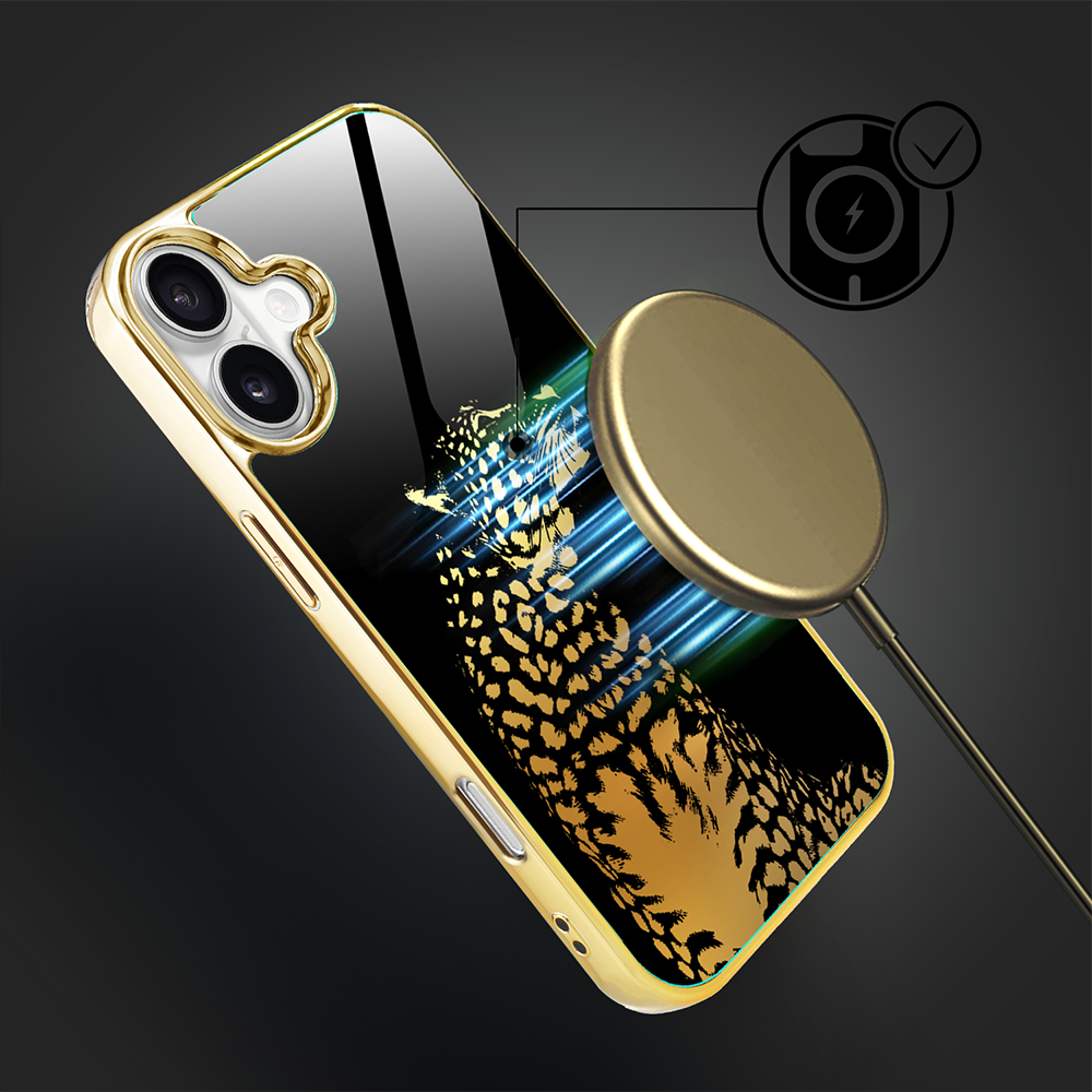 Etui do iPhone 16, Elite Glass z MagSafe, szklany tył, Golden Midnight, Lampart, złote (6)