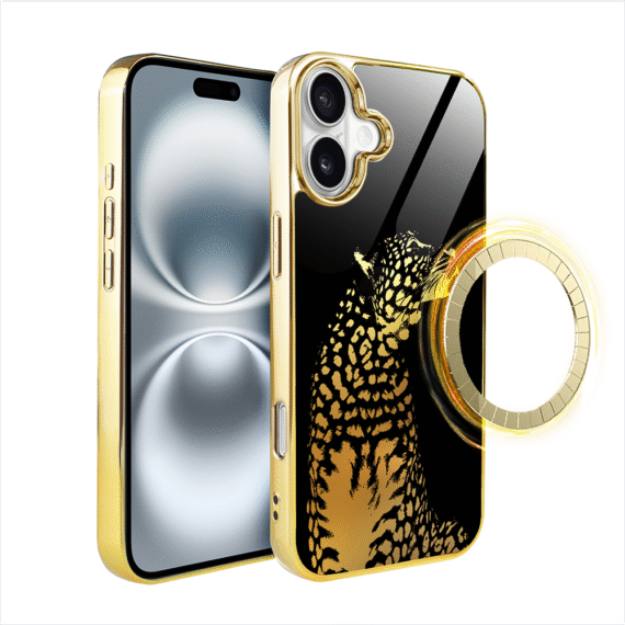 Etui do iPhone 16, Elite Glass z MagSafe, szklany tył, Golden Midnight, Lampart, złote (7)