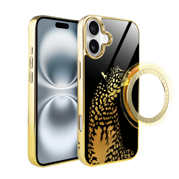 Etui do iPhone 16 Plus, Elite Glass z MagSafe, szklany tył, Golden Midnight, Lampart, złote