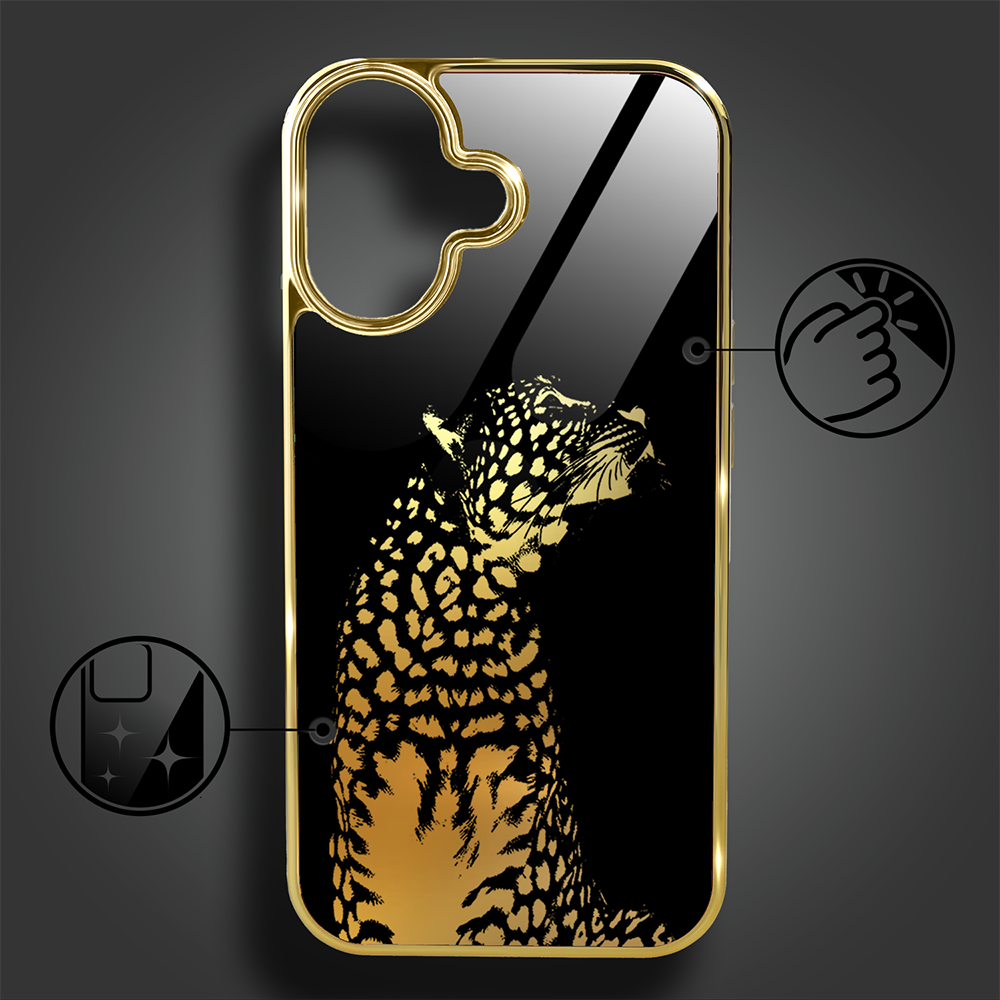 Etui do iPhone 16, Elite Glass z MagSafe, szklany tył, Golden Midnight, Lampart, złote (8)