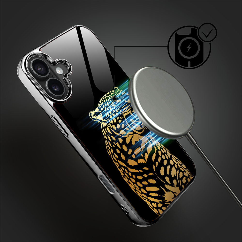 Etui do iPhone 16, Elite Glass z MagSafe, szklany tył, Golden Midnight, Ryczący Jaguar, czarne (2)