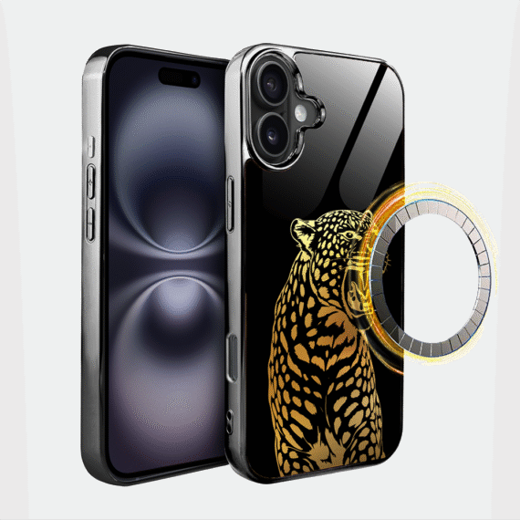 Etui do iPhone 16, Elite Glass z MagSafe, szklany tył, Golden Midnight, Ryczący Jaguar, czarne (3)