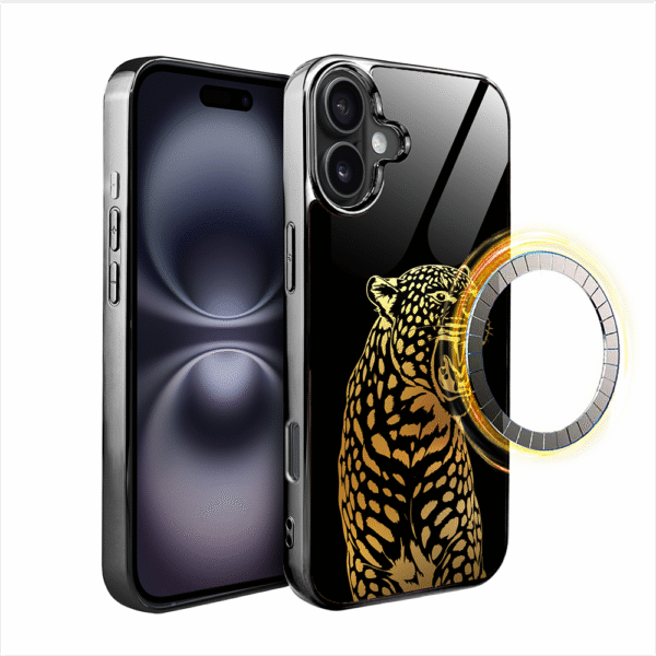 Etui do iPhone 16 Plus, Elite Glass z MagSafe, szklany tył, Golden Midnight, Ryczący Jaguar, czarne