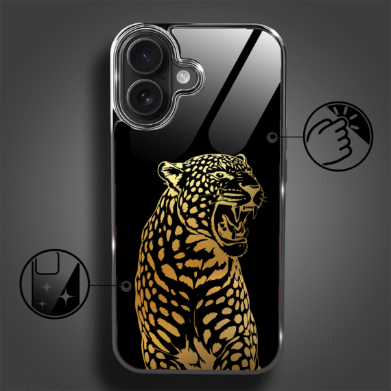 Etui do iPhone 16, Elite Glass z MagSafe, szklany tył, Golden Midnight, Ryczący Jaguar, czarne (4)