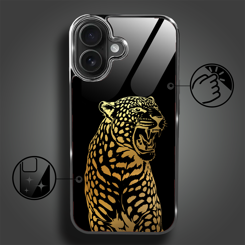 Etui do iPhone 16, Elite Glass z MagSafe, szklany tył, Golden Midnight, Ryczący Jaguar, czarne (4)