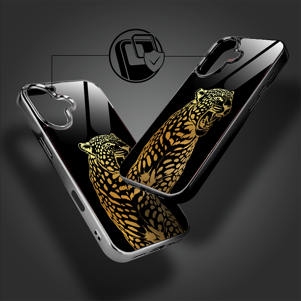 Etui do iPhone 16, Elite Glass z MagSafe, szklany tył, Golden Midnight, Ryczący Jaguar, czarne (6)