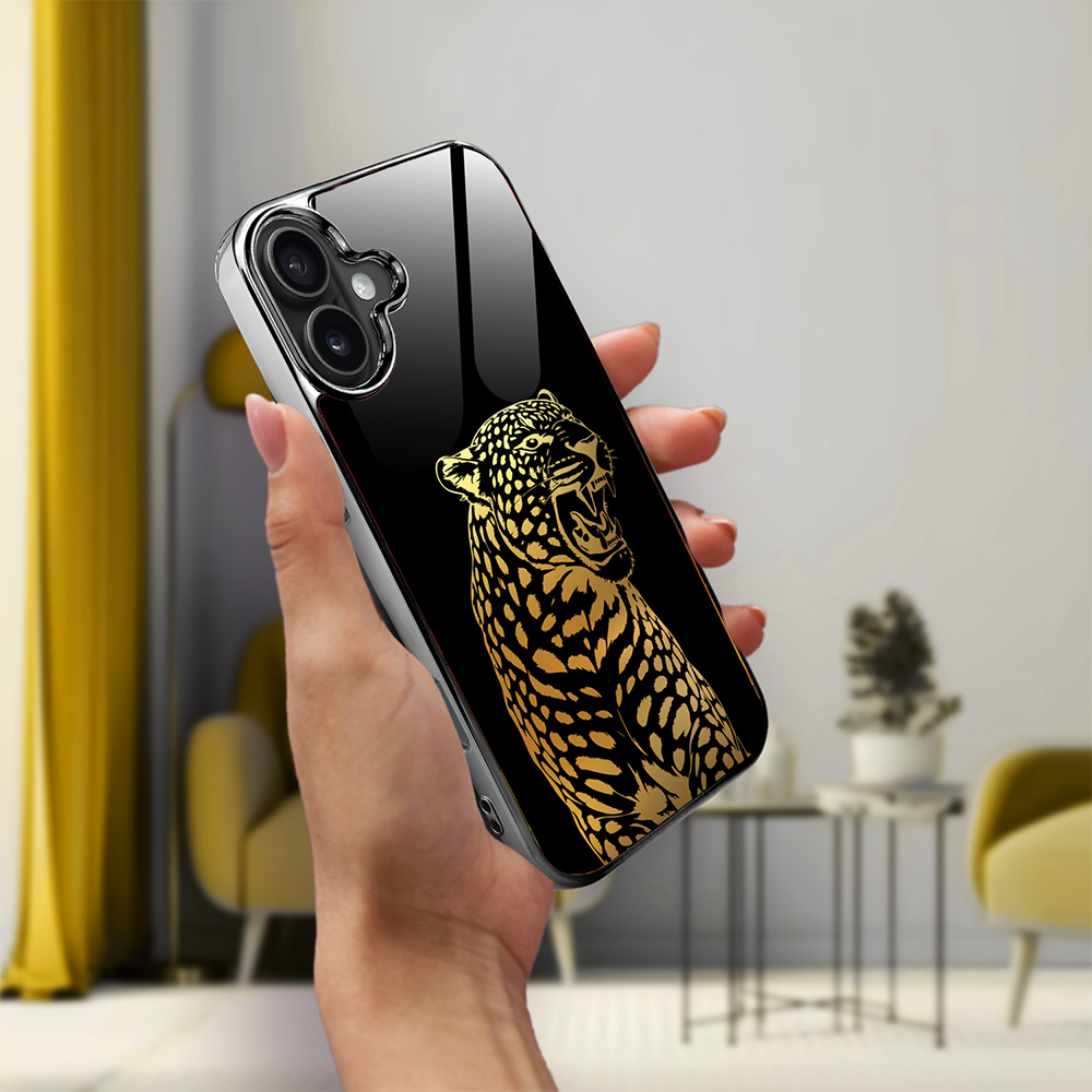 Etui do iPhone 16, Elite Glass z MagSafe, szklany tył, Golden Midnight, Ryczący Jaguar, czarne (7)