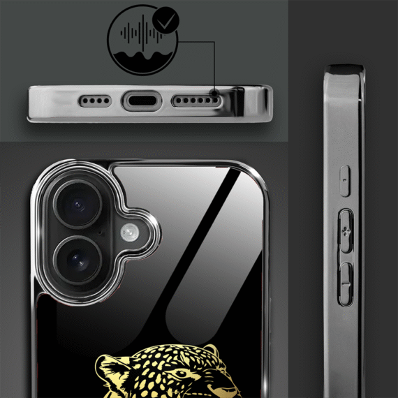 Etui do iPhone 16, Elite Glass z MagSafe, szklany tył, Golden Midnight, Ryczący Jaguar, czarne (8)