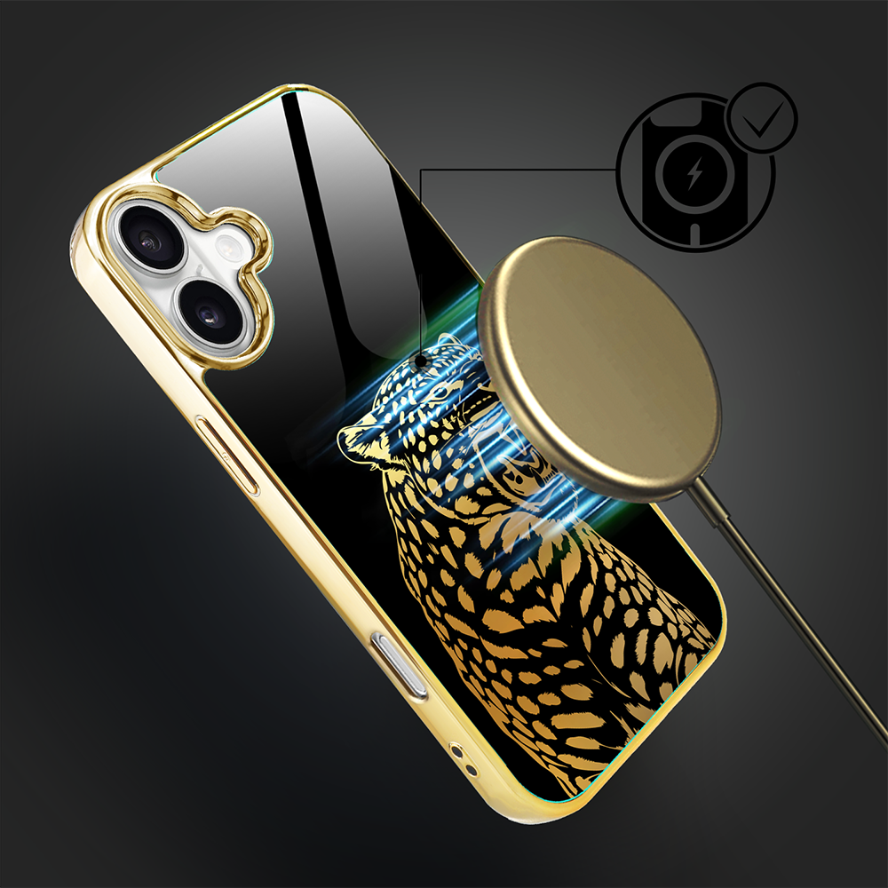 Etui do iPhone 16, Elite Glass z MagSafe, szklany tył, Golden Midnight, Ryczący Jaguar, złote (2)