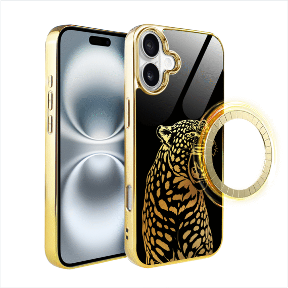Etui do iPhone 16, Elite Glass z MagSafe, szklany tył, Golden Midnight, Ryczący Jaguar, złote (3)