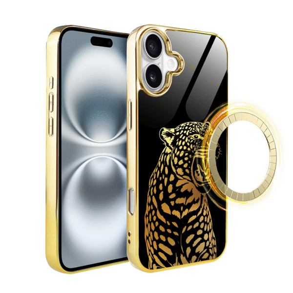 Etui do iPhone 16 Plus, Elite Glass z MagSafe, szklany tył, Golden Midnight, Ryczący Jaguar, złote