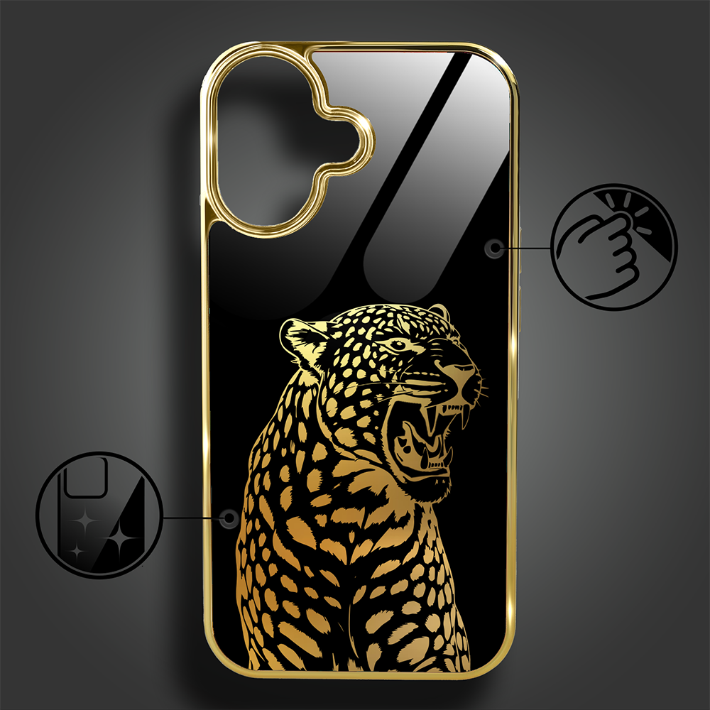 Etui do iPhone 16, Elite Glass z MagSafe, szklany tył, Golden Midnight, Ryczący Jaguar, złote (4)
