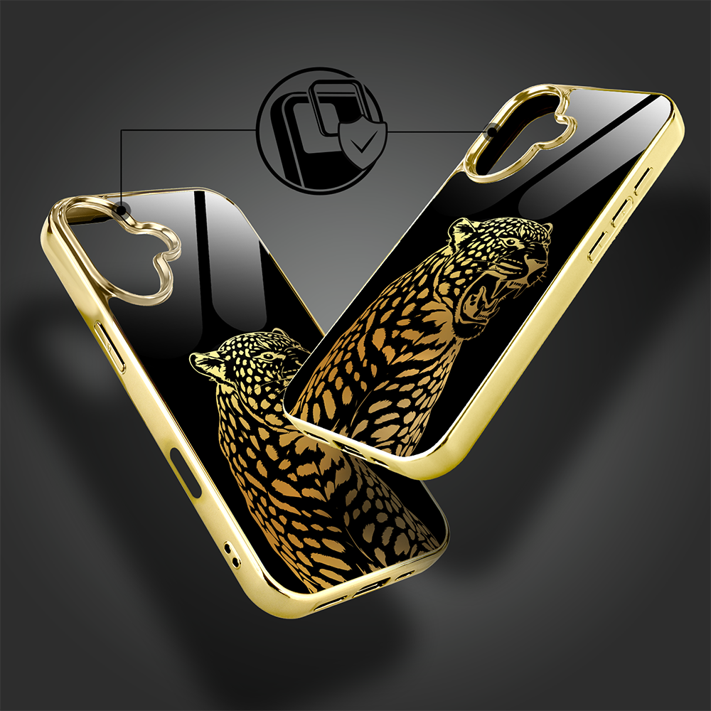 Etui do iPhone 16, Elite Glass z MagSafe, szklany tył, Golden Midnight, Ryczący Jaguar, złote (6)