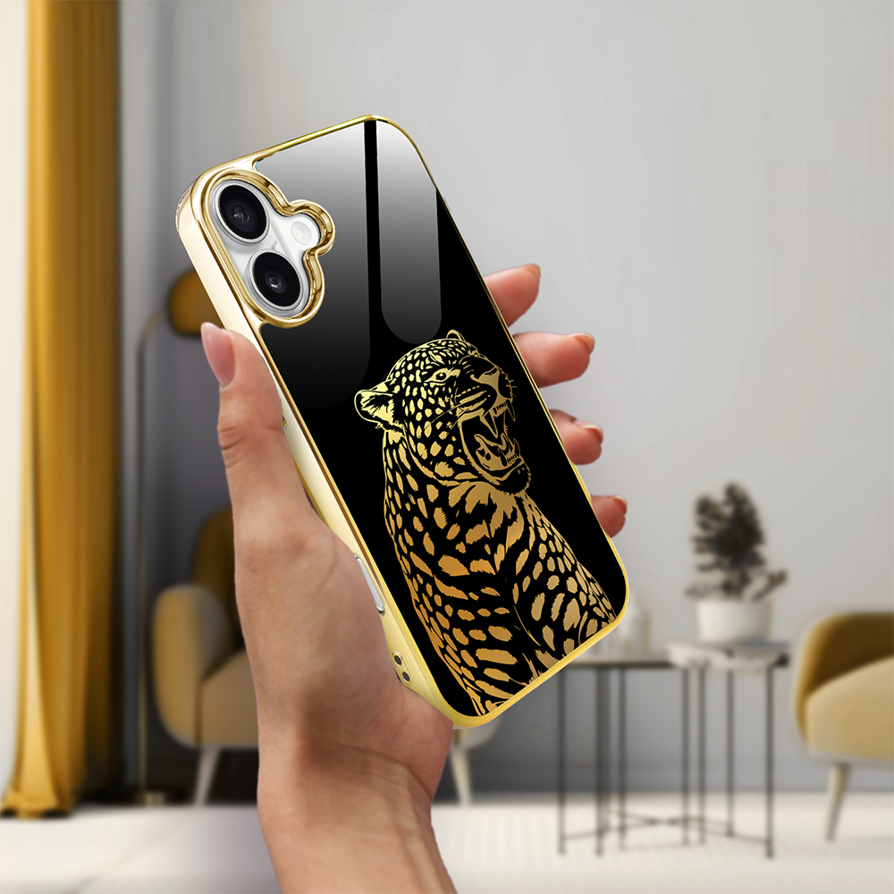 Etui do iPhone 16, Elite Glass z MagSafe, szklany tył, Golden Midnight, Ryczący Jaguar, złote (7)