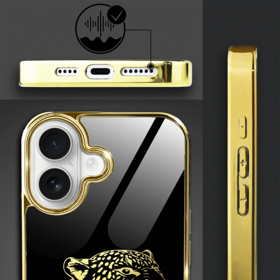 Etui do iPhone 16, Elite Glass z MagSafe, szklany tył, Golden Midnight, Ryczący Jaguar, złote (8)