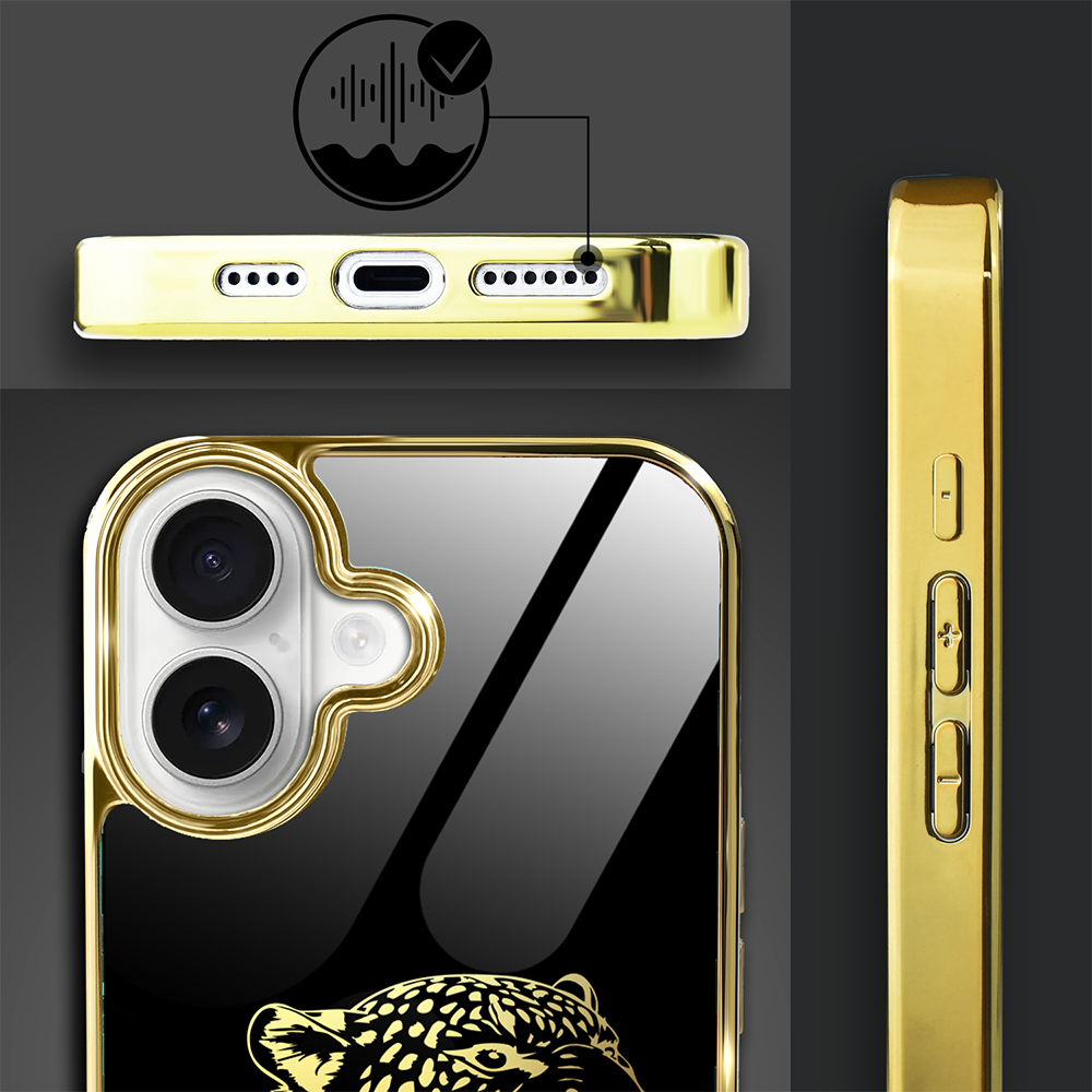 Etui do iPhone 16, Elite Glass z MagSafe, szklany tył, Golden Midnight, Ryczący Jaguar, złote (8)