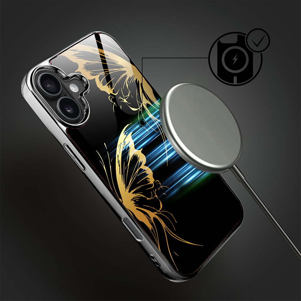 Etui do iPhone 16, Elite Glass z MagSafe, szklany tył, Golden Midnight, Skrzydła motyla, czarne (2)