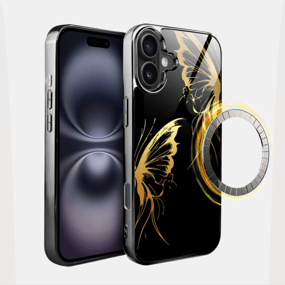 Etui do iPhone 16, Elite Glass z MagSafe, szklany tył, Golden Midnight, Skrzydła motyla, czarne (3)