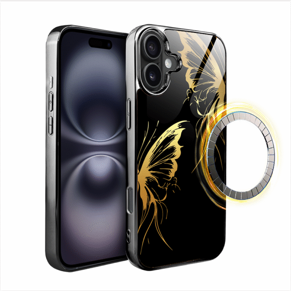 Etui do iPhone 16 Plus, Elite Glass z MagSafe, szklany tył, Golden Midnight, Skrzydła motyla, czarne