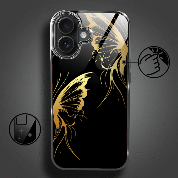 Etui do iPhone 16, Elite Glass z MagSafe, szklany tył, Golden Midnight, Skrzydła motyla, czarne (4)