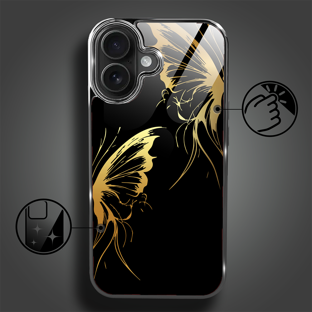 Etui do iPhone 16, Elite Glass z MagSafe, szklany tył, Golden Midnight, Skrzydła motyla, czarne (4)