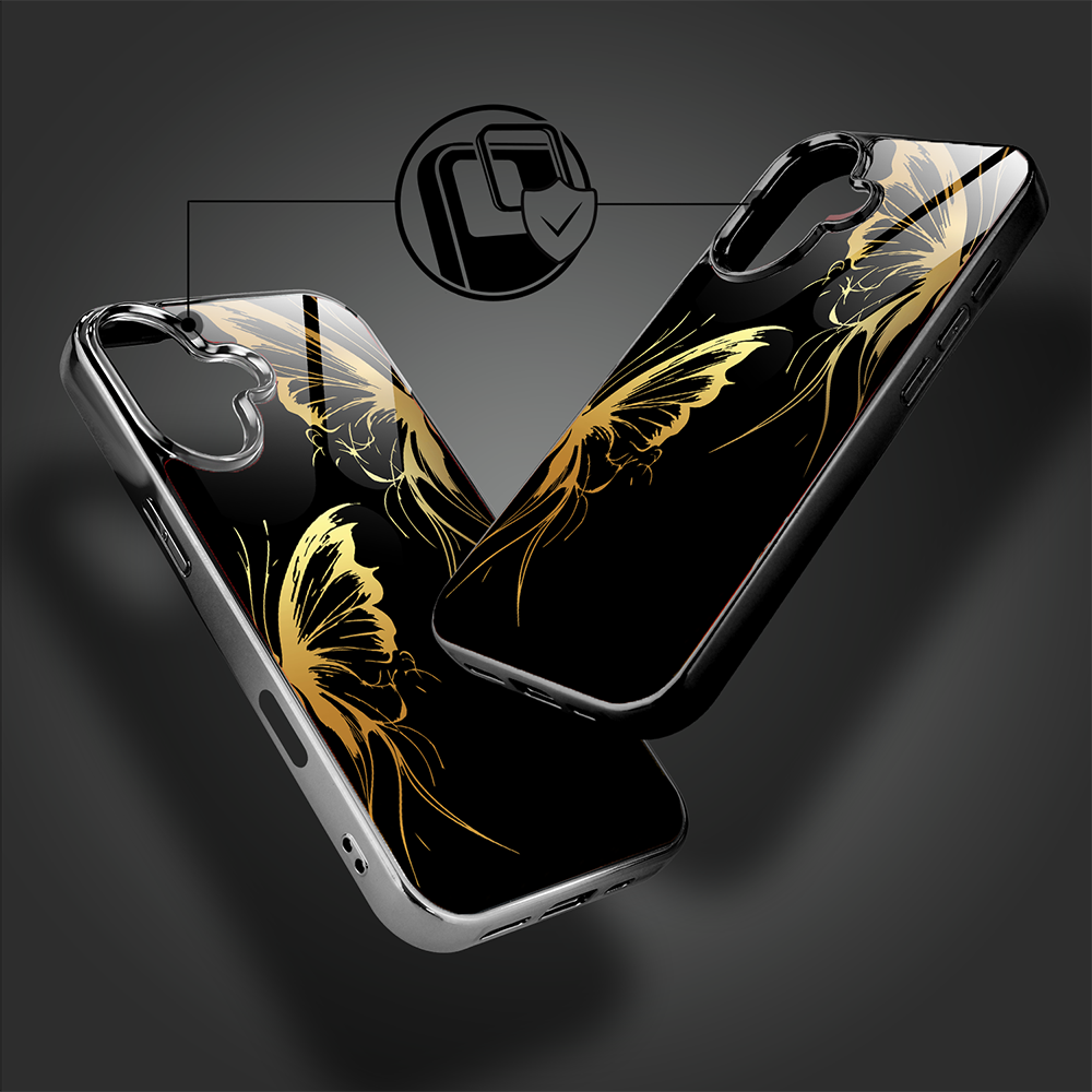 Etui do iPhone 16, Elite Glass z MagSafe, szklany tył, Golden Midnight, Skrzydła motyla, czarne (6)