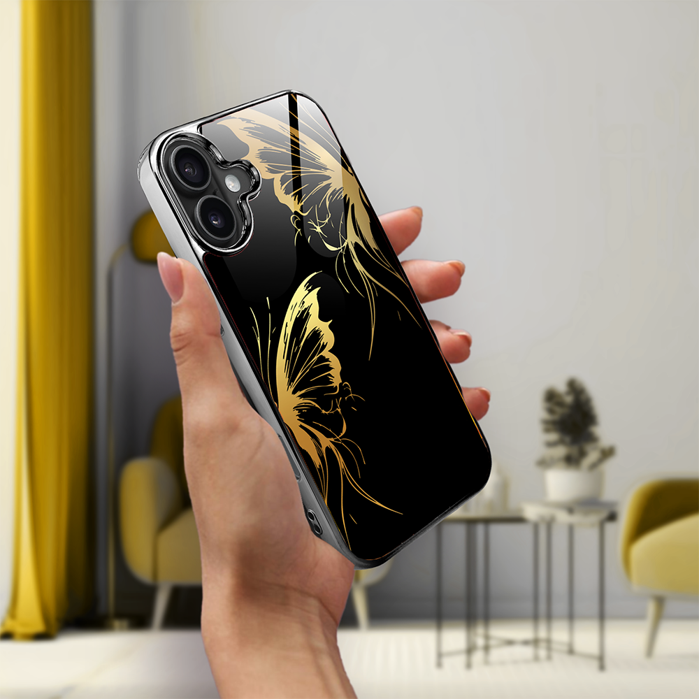 Etui do iPhone 16, Elite Glass z MagSafe, szklany tył, Golden Midnight, Skrzydła motyla, czarne (7)