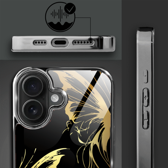 Etui do iPhone 16, Elite Glass z MagSafe, szklany tył, Golden Midnight, Skrzydła motyla, czarne (8)
