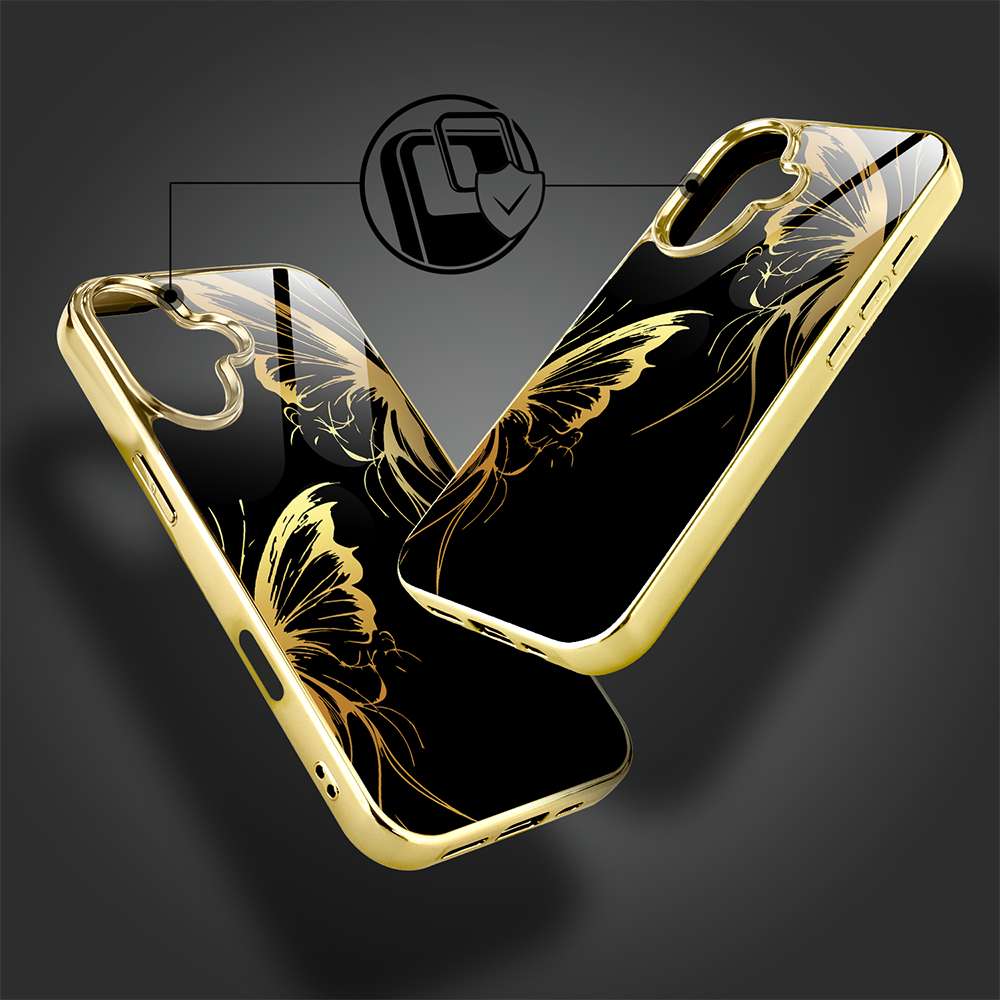 Etui do iPhone 16, Elite Glass z MagSafe, szklany tył, Golden Midnight, Skrzydła motyla, złote (1)