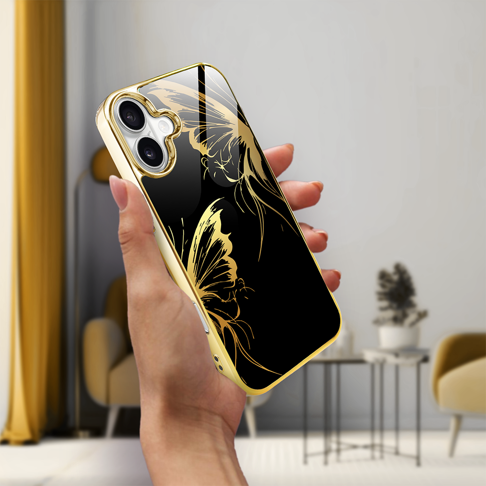 Etui do iPhone 16, Elite Glass z MagSafe, szklany tył, Golden Midnight, Skrzydła motyla, złote (2)