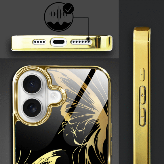 Etui do iPhone 16, Elite Glass z MagSafe, szklany tył, Golden Midnight, Skrzydła motyla, złote (3)
