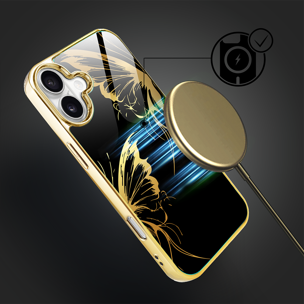 Etui do iPhone 16, Elite Glass z MagSafe, szklany tył, Golden Midnight, Skrzydła motyla, złote (5)