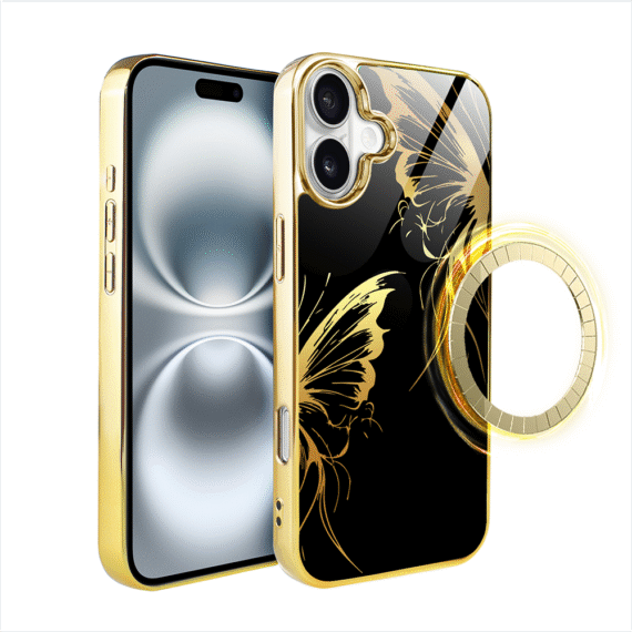 Etui do iPhone 16, Elite Glass z MagSafe, szklany tył, Golden Midnight, Skrzydła motyla, złote (6)