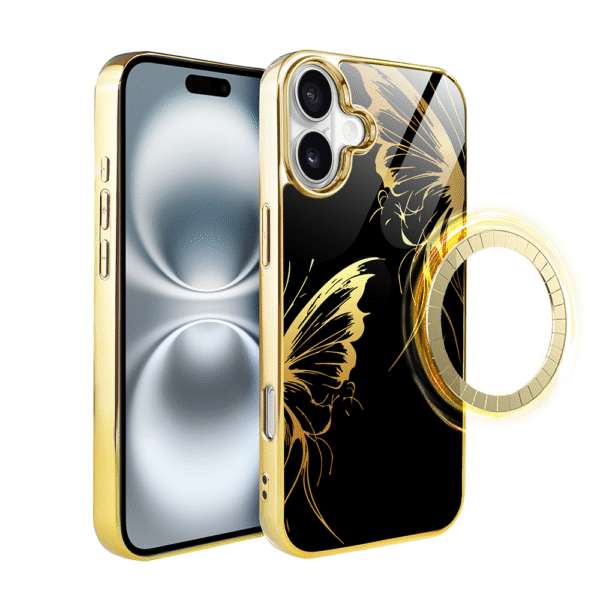 Etui do iPhone 16 Plus, Elite Glass z MagSafe, szklany tył, Golden Midnight, Skrzydła motyla, złote