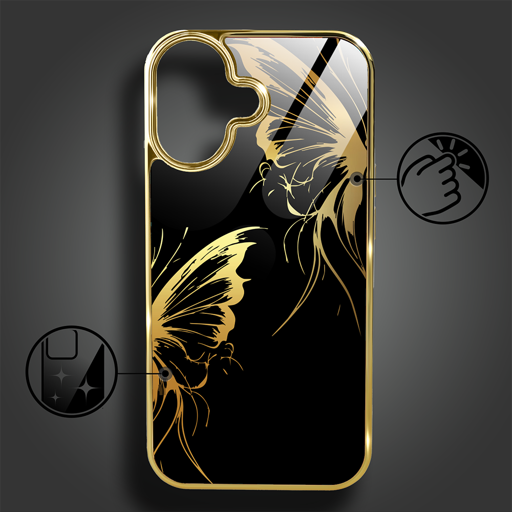 Etui do iPhone 16, Elite Glass z MagSafe, szklany tył, Golden Midnight, Skrzydła motyla, złote (7)