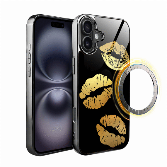Etui do iPhone 16, Elite Glass z MagSafe, szklany tył, Golden Midnight, Usta, czarne (3)