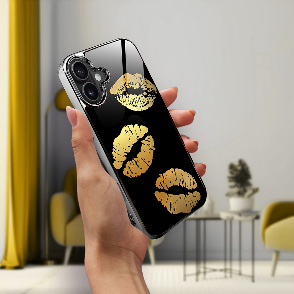 Etui do iPhone 16, Elite Glass z MagSafe, szklany tył, Golden Midnight, Usta, czarne (7)