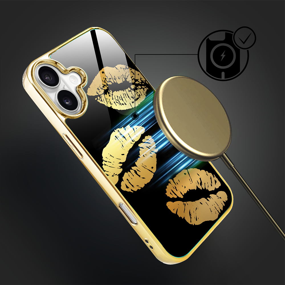 Etui do iPhone 16, Elite Glass z MagSafe, szklany tył, Golden Midnight, Usta, złote (2)