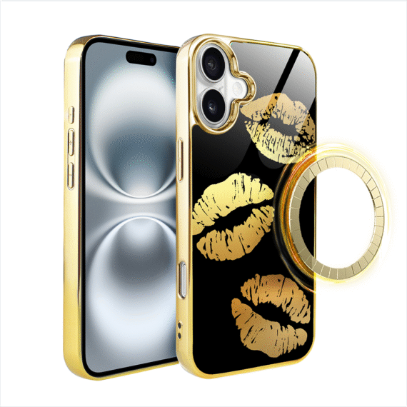 Etui do iPhone 16, Elite Glass z MagSafe, szklany tył, Golden Midnight, Usta, złote (3)