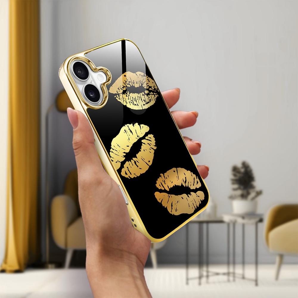 Etui do iPhone 16, Elite Glass z MagSafe, szklany tył, Golden Midnight, Usta, złote (7)