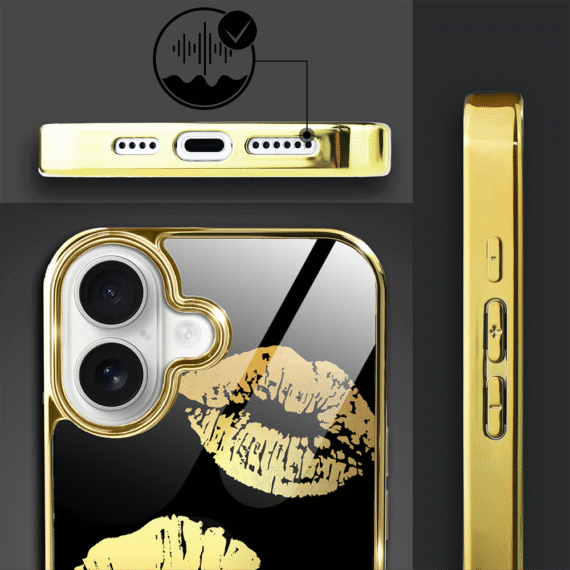 Etui do iPhone 16, Elite Glass z MagSafe, szklany tył, Golden Midnight, Usta, złote (8)