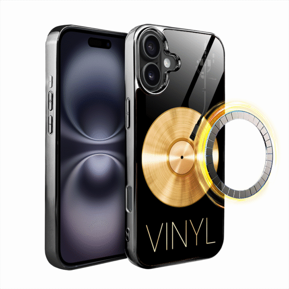Etui do iPhone 16, Elite Glass z MagSafe, szklany tył, Golden Midnight, Vinyl Lux, czarne (3)