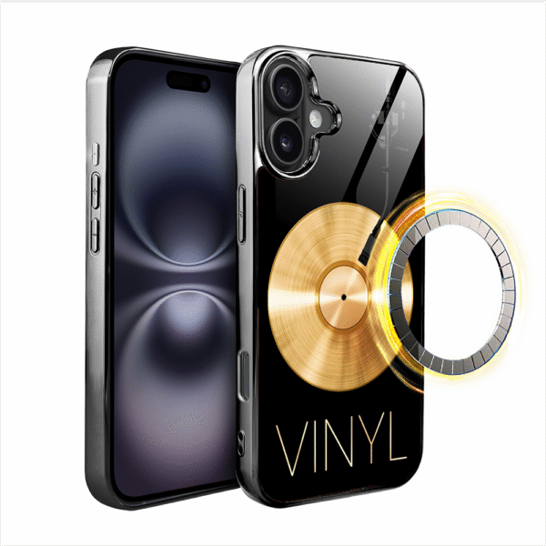 Etui do iPhone 16 Plus, Elite Glass z MagSafe, szklany tył, Golden Midnight, Vinyl Lux, czarne