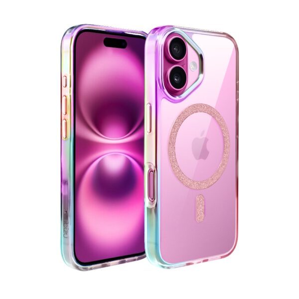 Etui do iPhone 16 Plus Glitter Crown, opalizujące, przeźroczyste z brokatowym MagSafe, różowe