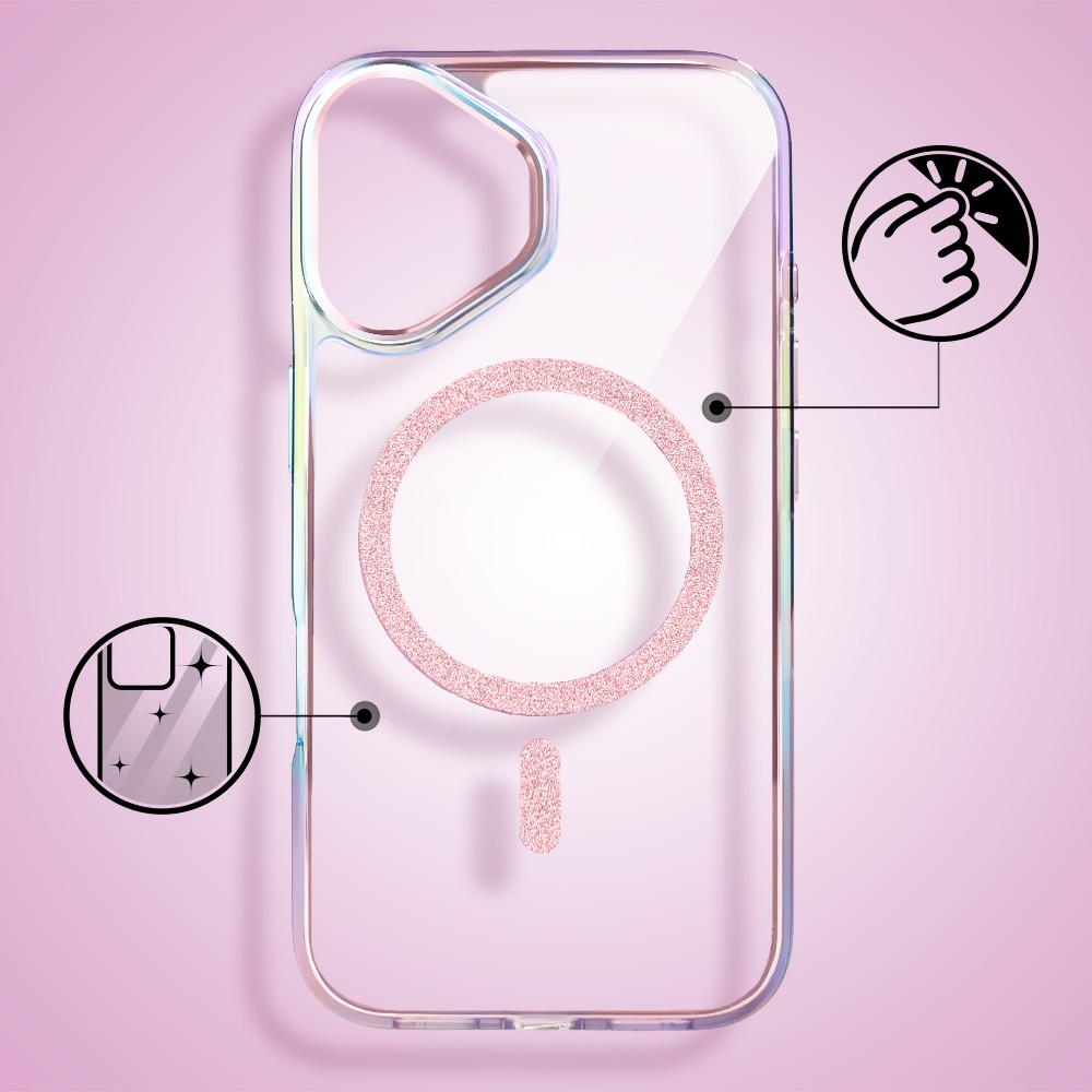 Etui do iPhone 16 Glitter Crown, opalizujące, przeźroczyste z brokatowym MagSafe, różowe (5)