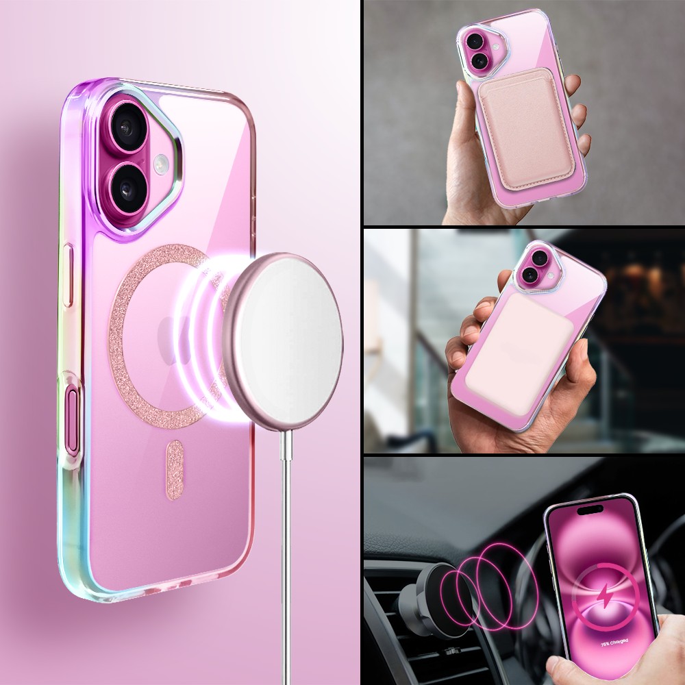 Etui do iPhone 16 Glitter Crown, opalizujące, przeźroczyste z brokatowym MagSafe, różowe (6)
