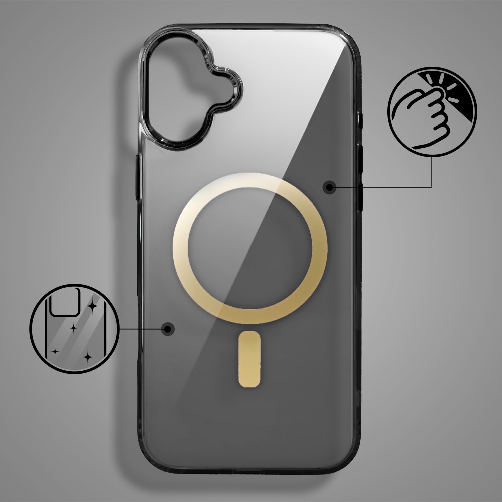 Etui do iPhone 16 Golden Elite, cienkie, ze złotym MagSafe, czarne (5)