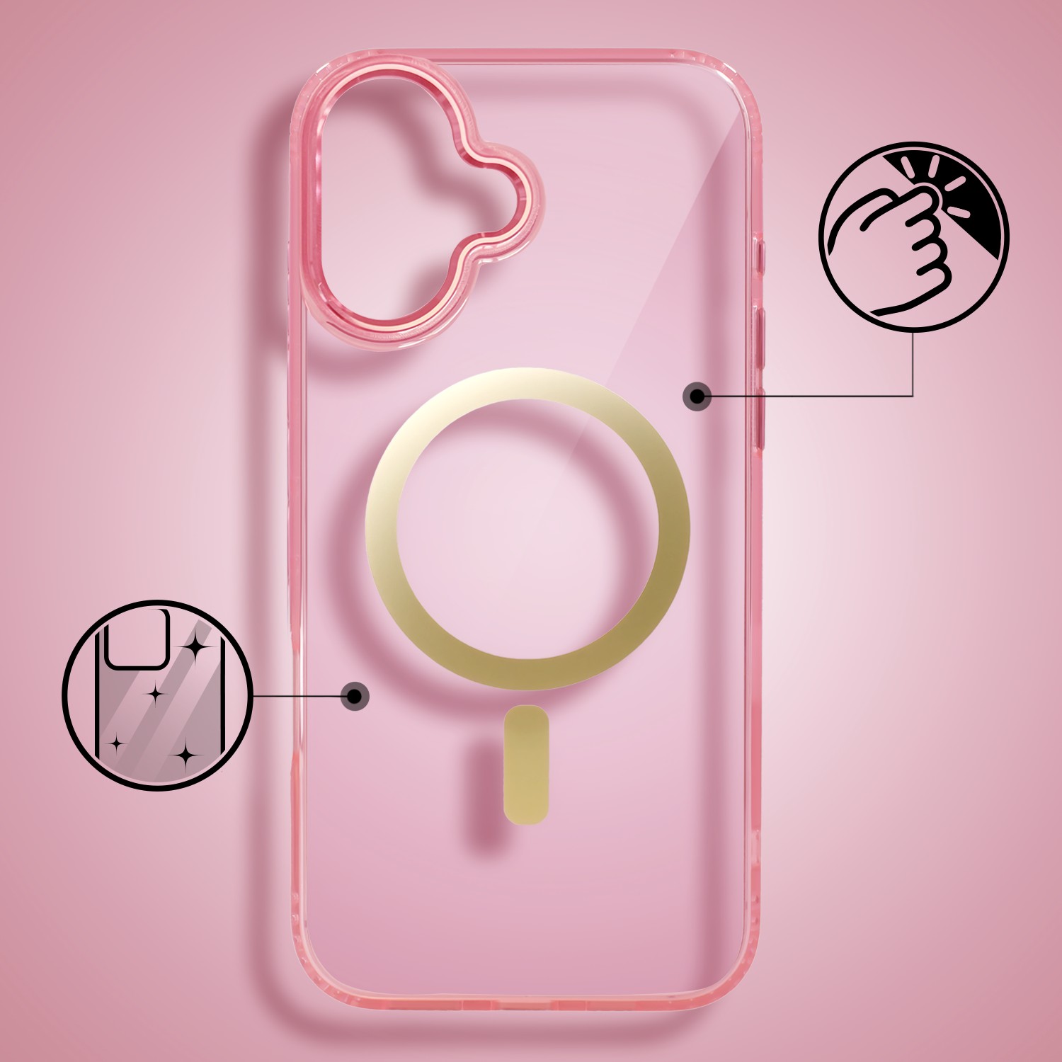 Etui do iPhone 16 Golden Elite, cienkie, ze złotym MagSafe, różowe (6)