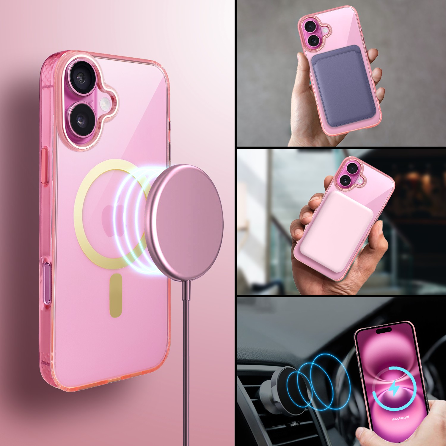 Etui do iPhone 16 Golden Elite, cienkie, ze złotym MagSafe, różowe (7)