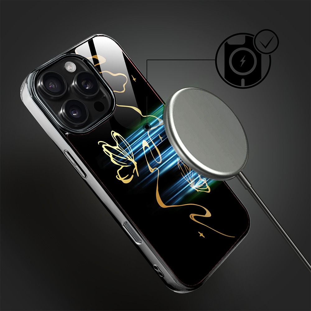 Etui do iPhone 16 Pro Max, Elite Glass z MagSafe, szklany tył, Golden Midnight, Efekt motyla, czarne (2)